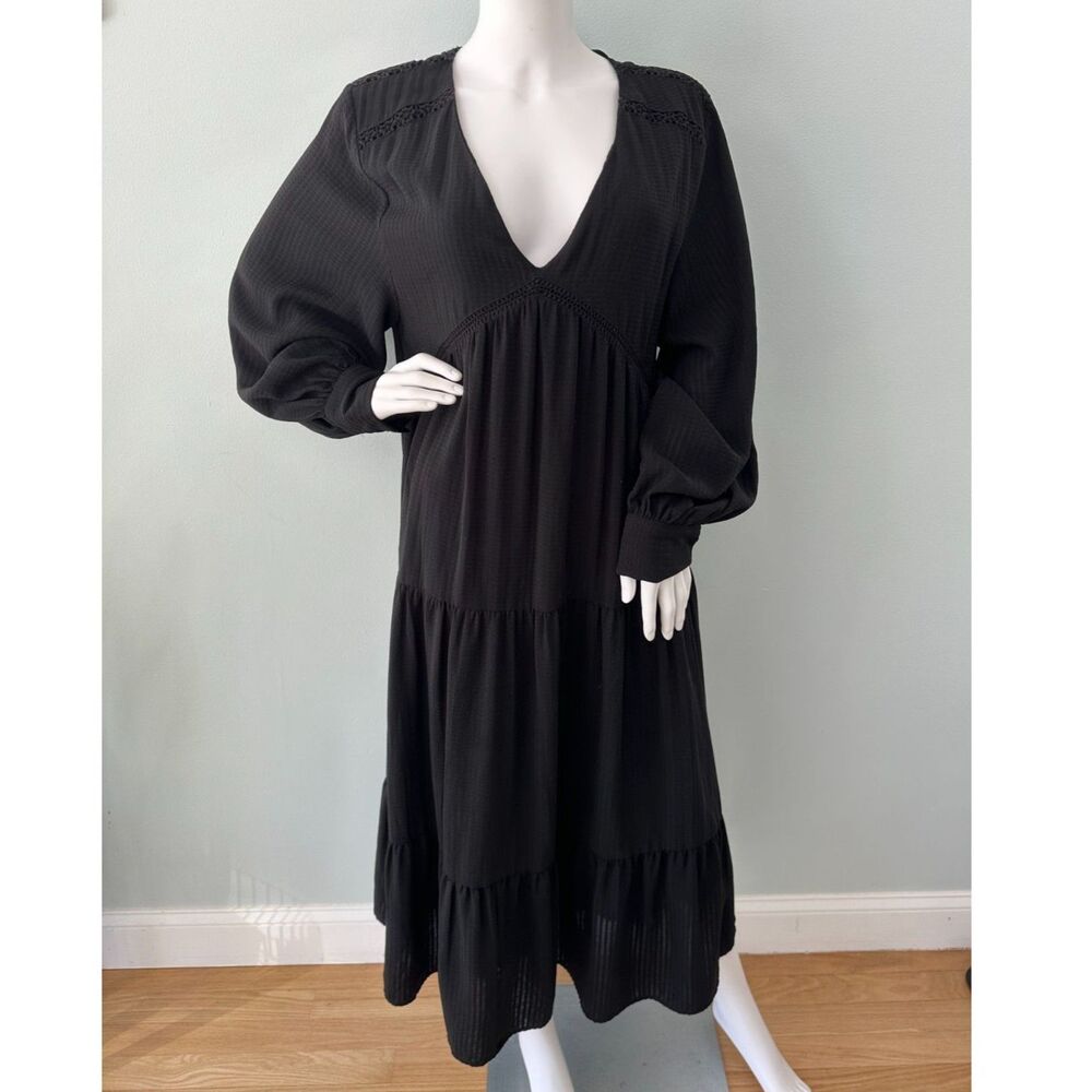 ZARA Black Tiered Midi V Neck Dress size Small Textured Embroidered Oversized